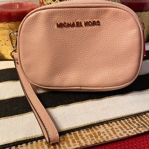 Michael Kors Blush Double-Zip Pebble Leather Wristlet.